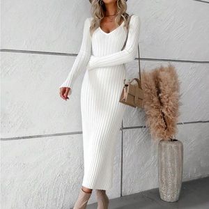 White Classic Ribbed Knit Fitted V Neck Long Sleeve Dress